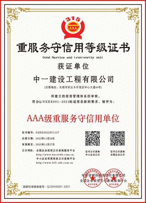 重服務(wù)守信用等級證書